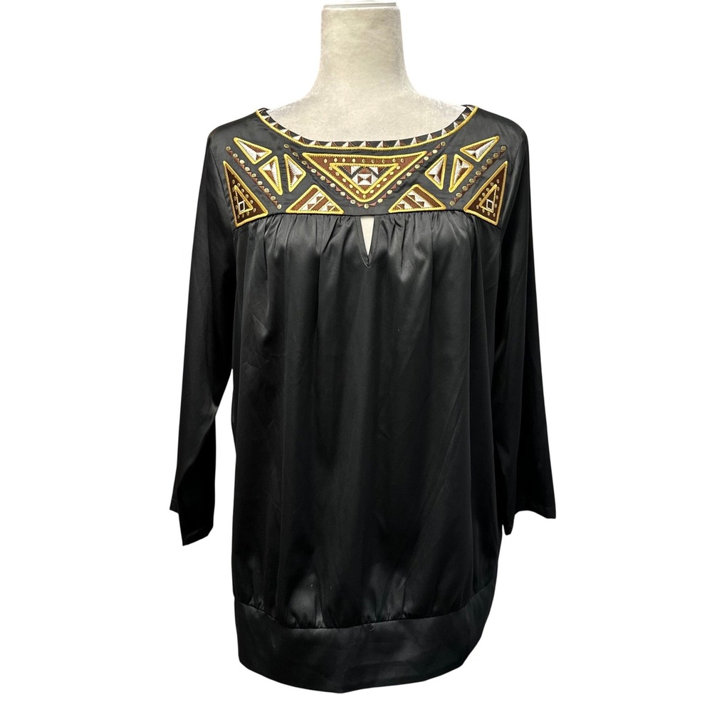 Bob Mackie Womens Size M Tunicโ Top Black Western Aztec Tribal Embroidered Boho